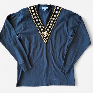 Vintage Gepetto Black Long Sleeve Bedazzled Glam V Neck Shirt #boho #festival